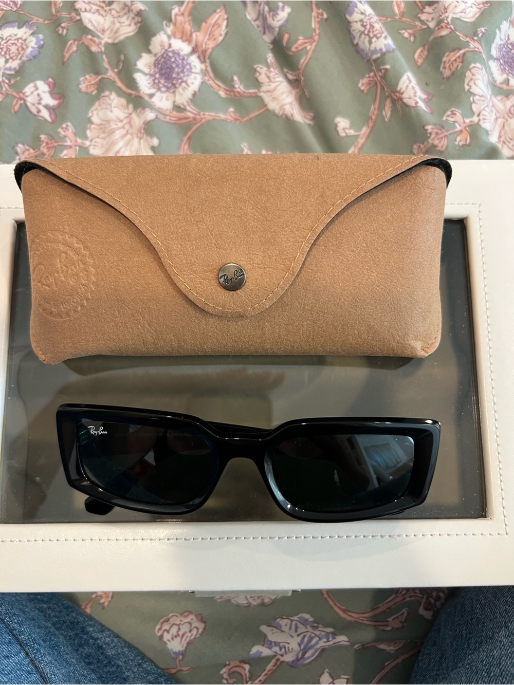Ray-Ban Black Rectangular Sunglasses with Tan Case